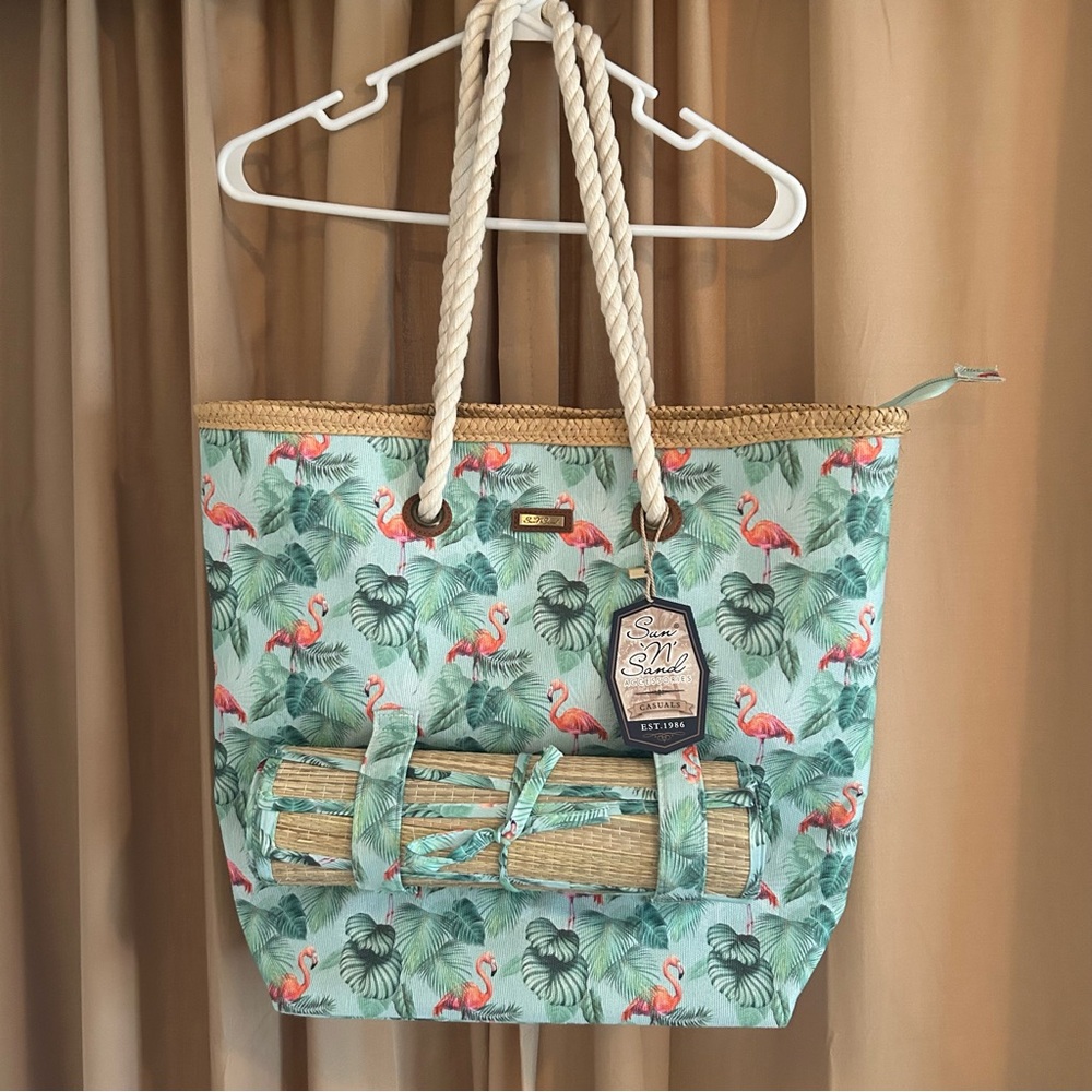 NWT Sun N Sand Flamingo Print Beach Tote With Matching Straw Beach Mat
